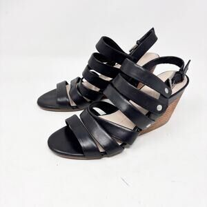 Naya Size 9‎ Lassie Black Leather Studded Strappy Sandal Wood Stacked Heel